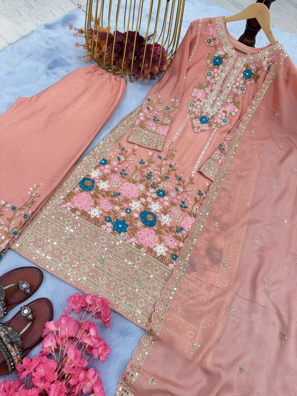 "Chinon Silk Embroidered Party Wear Kurta Top Palazzo Set with Dupatta