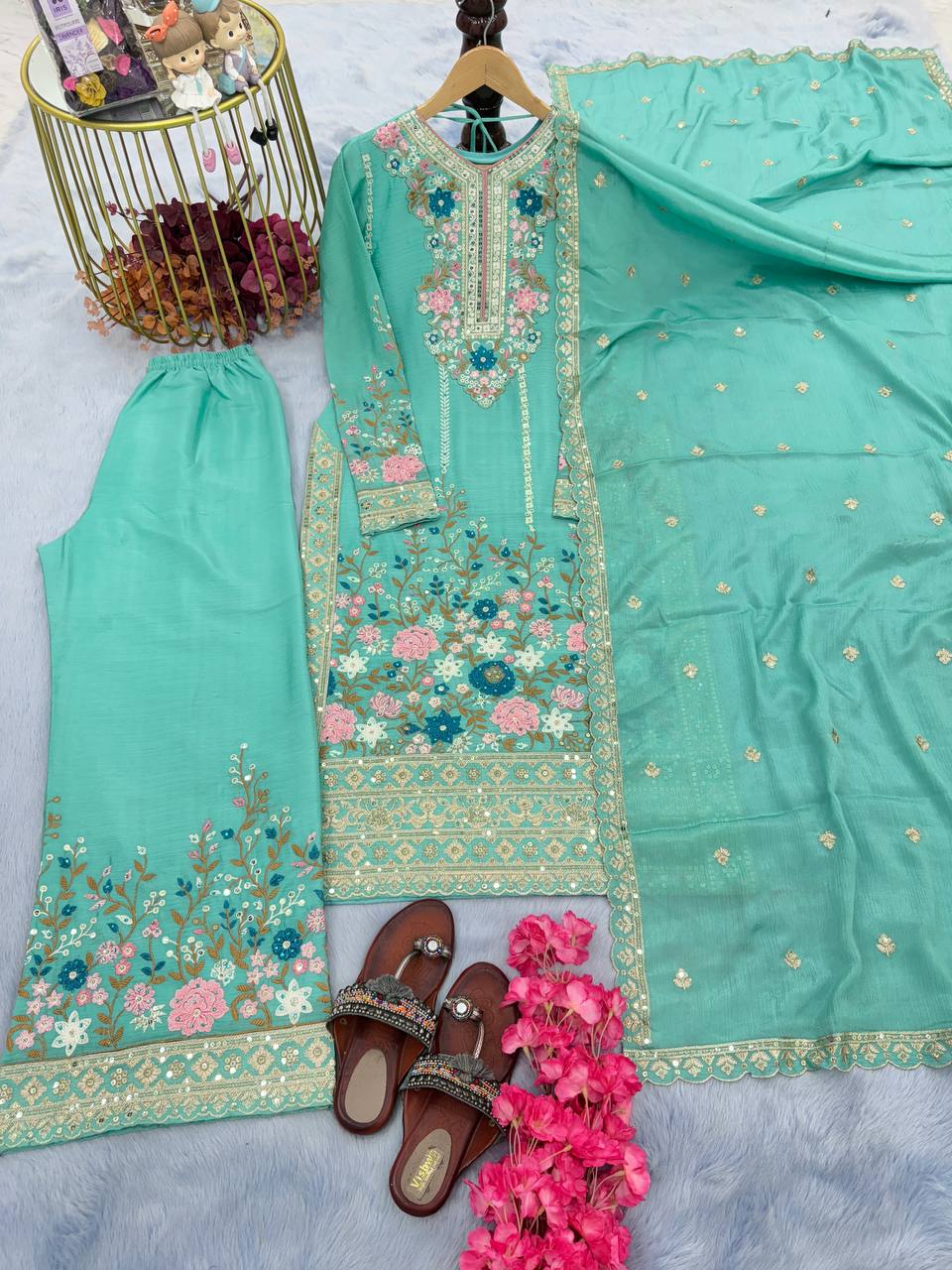 "Chinon Silk Embroidered Party Wear Kurta Top Palazzo Set with Dupatta