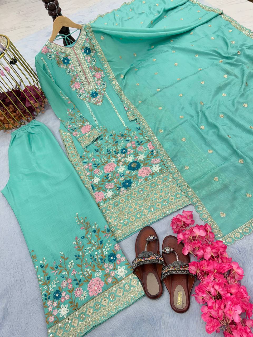 "Chinon Silk Embroidered Party Wear Kurta Top Palazzo Set with Dupatta