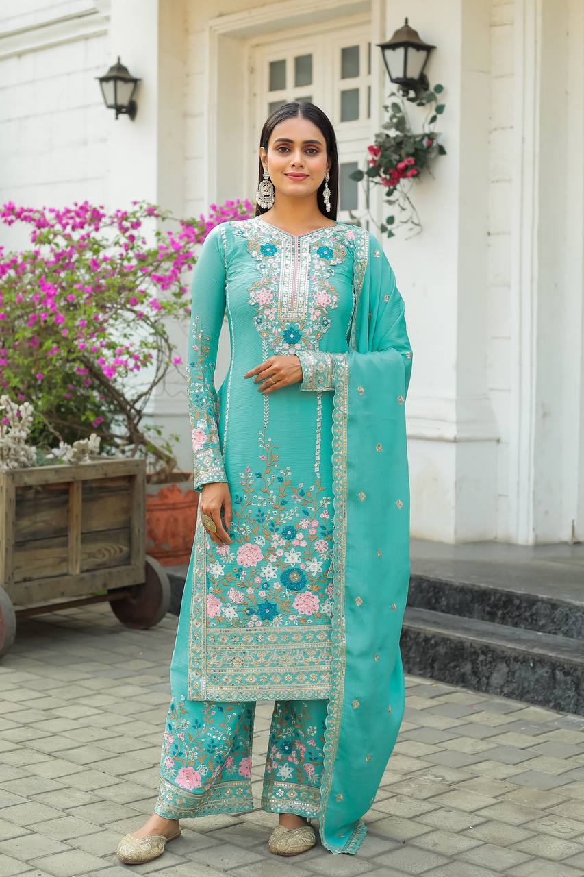 "Chinon Silk Embroidered Party Wear Kurta Top Palazzo Set with Dupatta