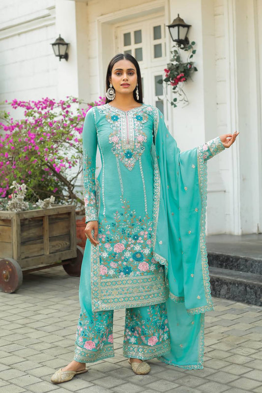 "Chinon Silk Embroidered Party Wear Kurta Top Palazzo Set with Dupatta