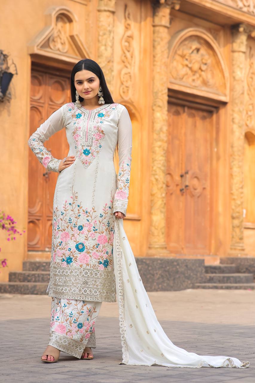 "Chinon Silk Embroidered Party Wear Kurta Top Palazzo Set with Dupatta