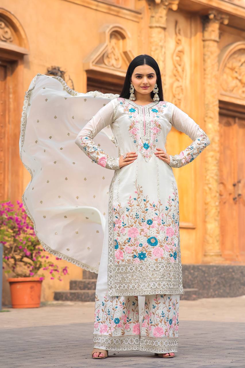 "Chinon Silk Embroidered Party Wear Kurta Top Palazzo Set with Dupatta