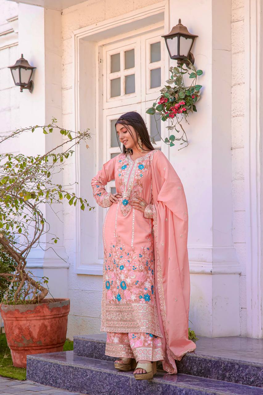 "Chinon Silk Embroidered Party Wear Kurta Top Palazzo Set with Dupatta