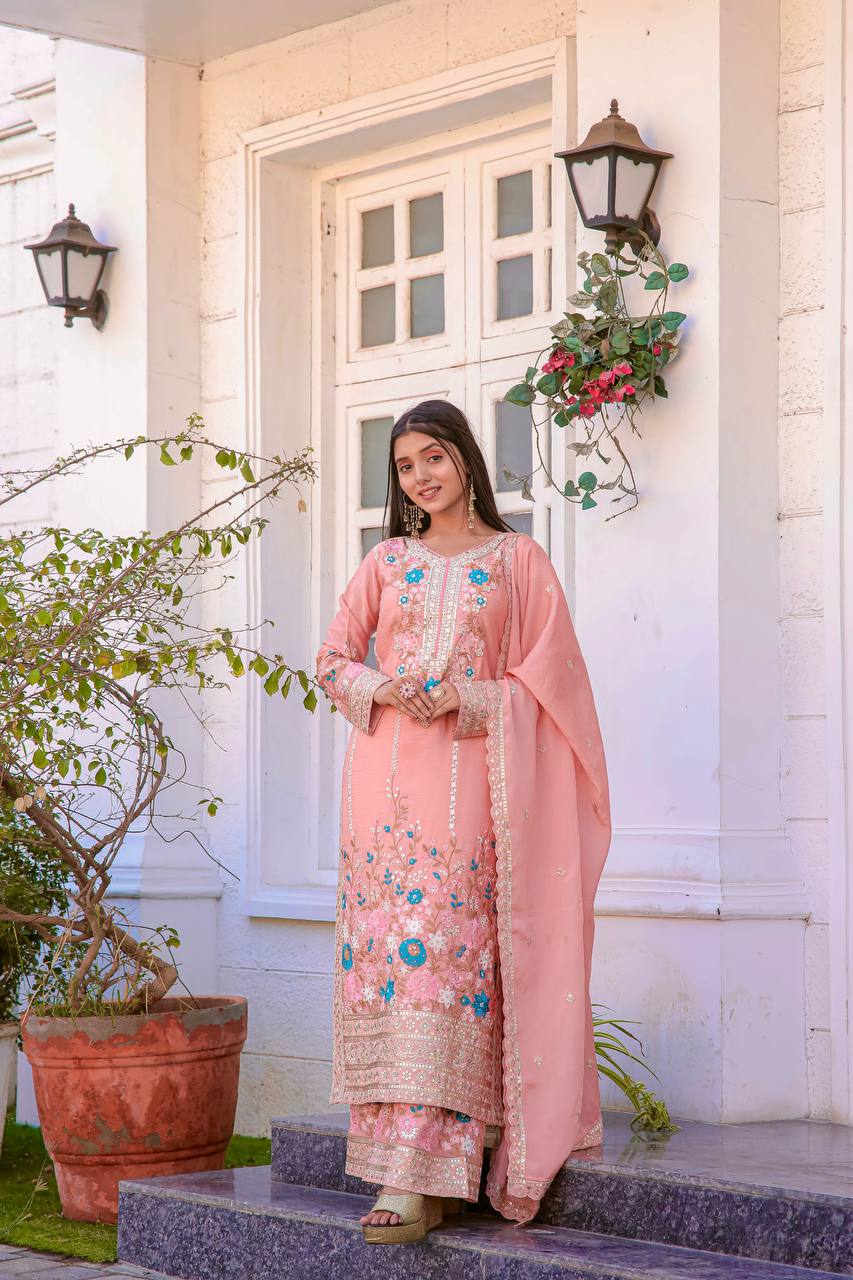 "Chinon Silk Embroidered Party Wear Kurta Top Palazzo Set with Dupatta