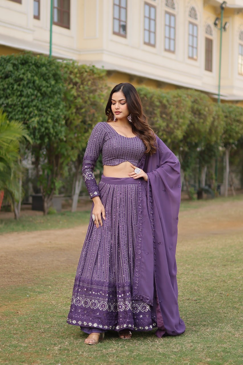 "Exquisite Onion Coloured Sequins Embroidered Faux Georgette Lehenga Choli Set"