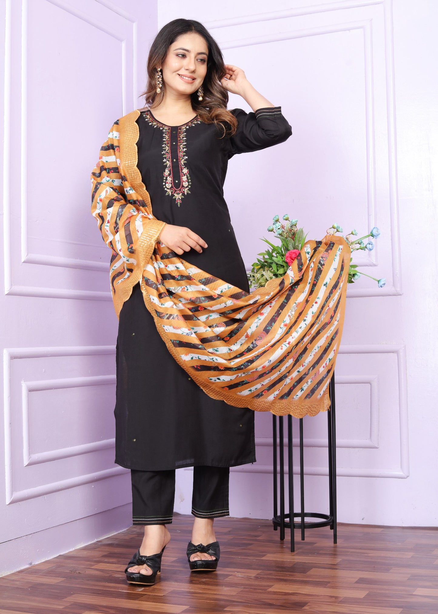 Black Colour Roman Silk Hand Work Kurta Set with Organza Dupatta