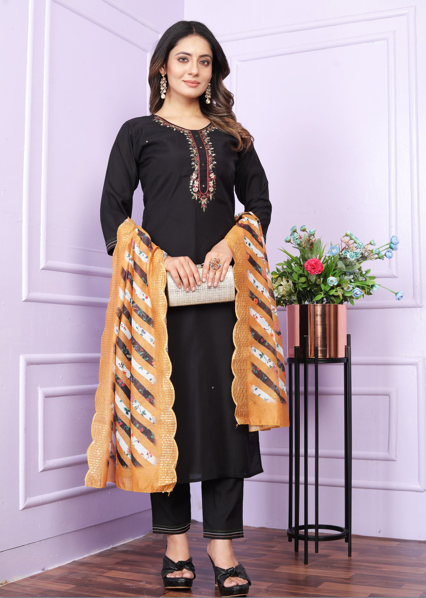 Black Colour Roman Silk Hand Work Kurta Set with Organza Dupatta