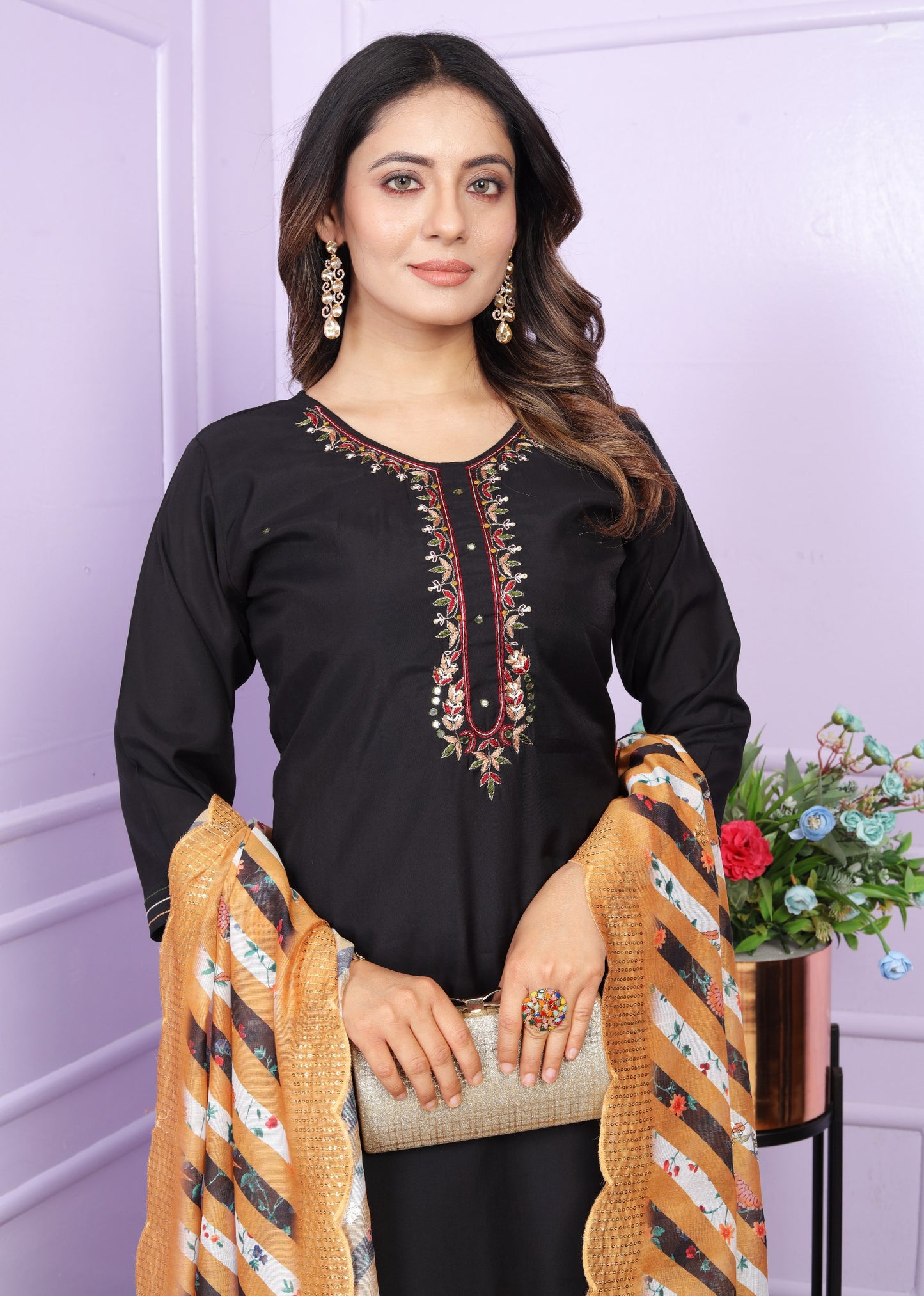 Black Colour Roman Silk Hand Work Kurta Set with Organza Dupatta