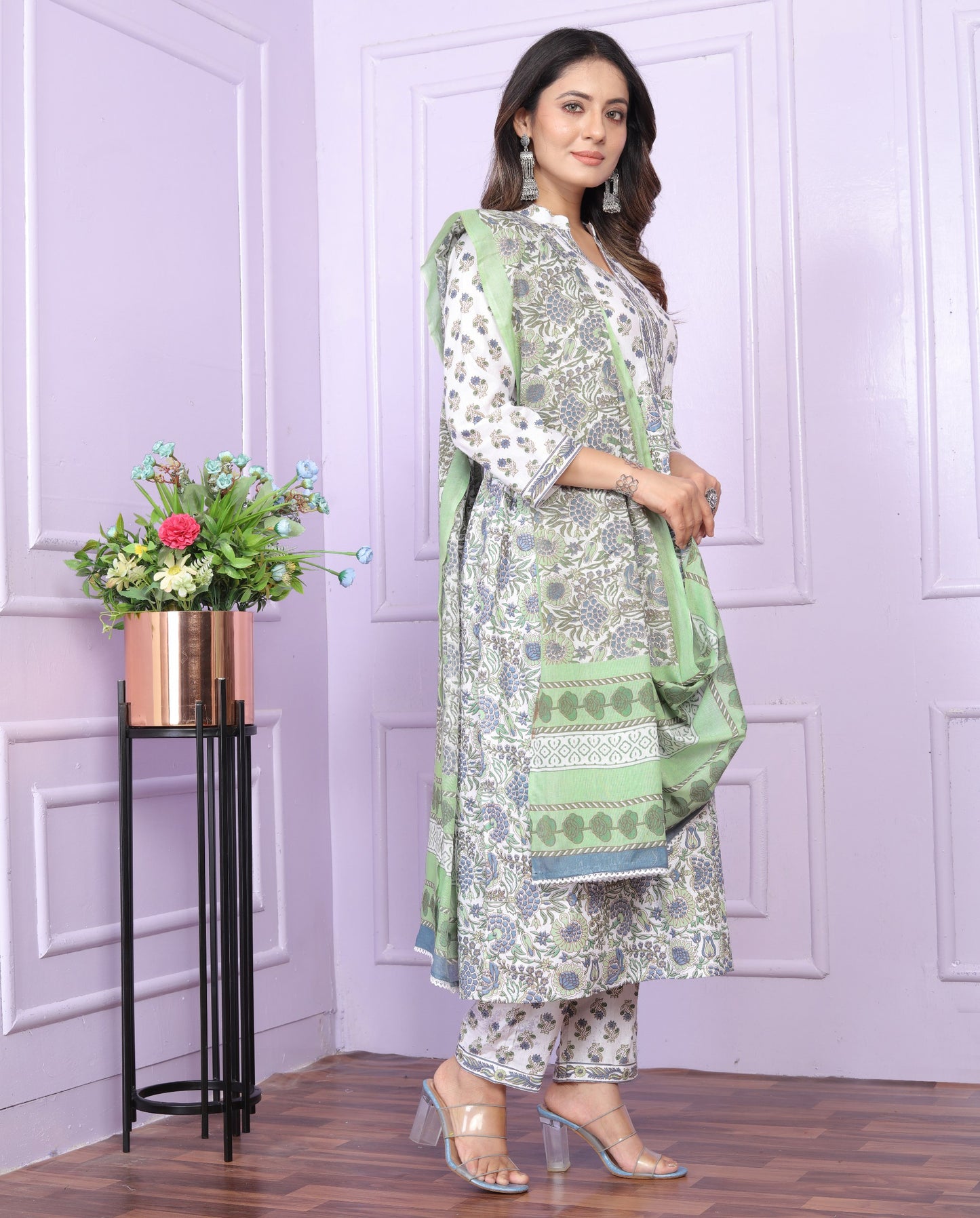 White Printed Slub Cotton Kurta Set with Dupatta and Elastic Pants - Fully Stitched"