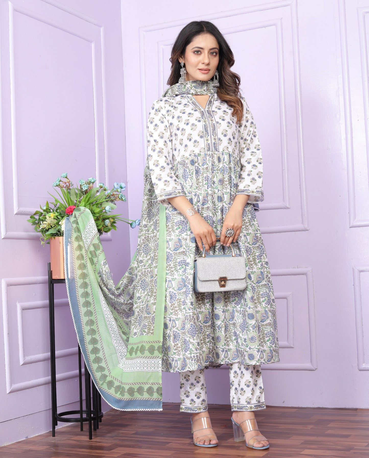 White Printed Slub Cotton Kurta Set with Dupatta and Elastic Pants - Fully Stitched"