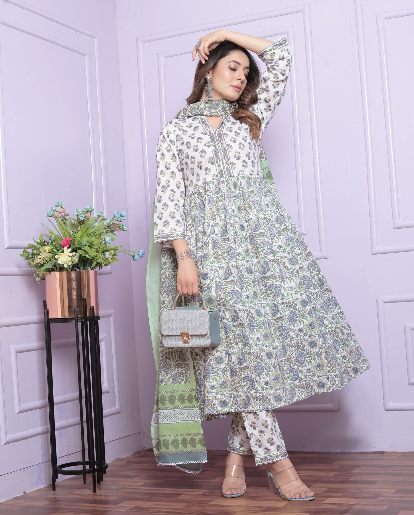 White Printed Slub Cotton Kurta Set with Dupatta and Elastic Pants - Fully Stitched"