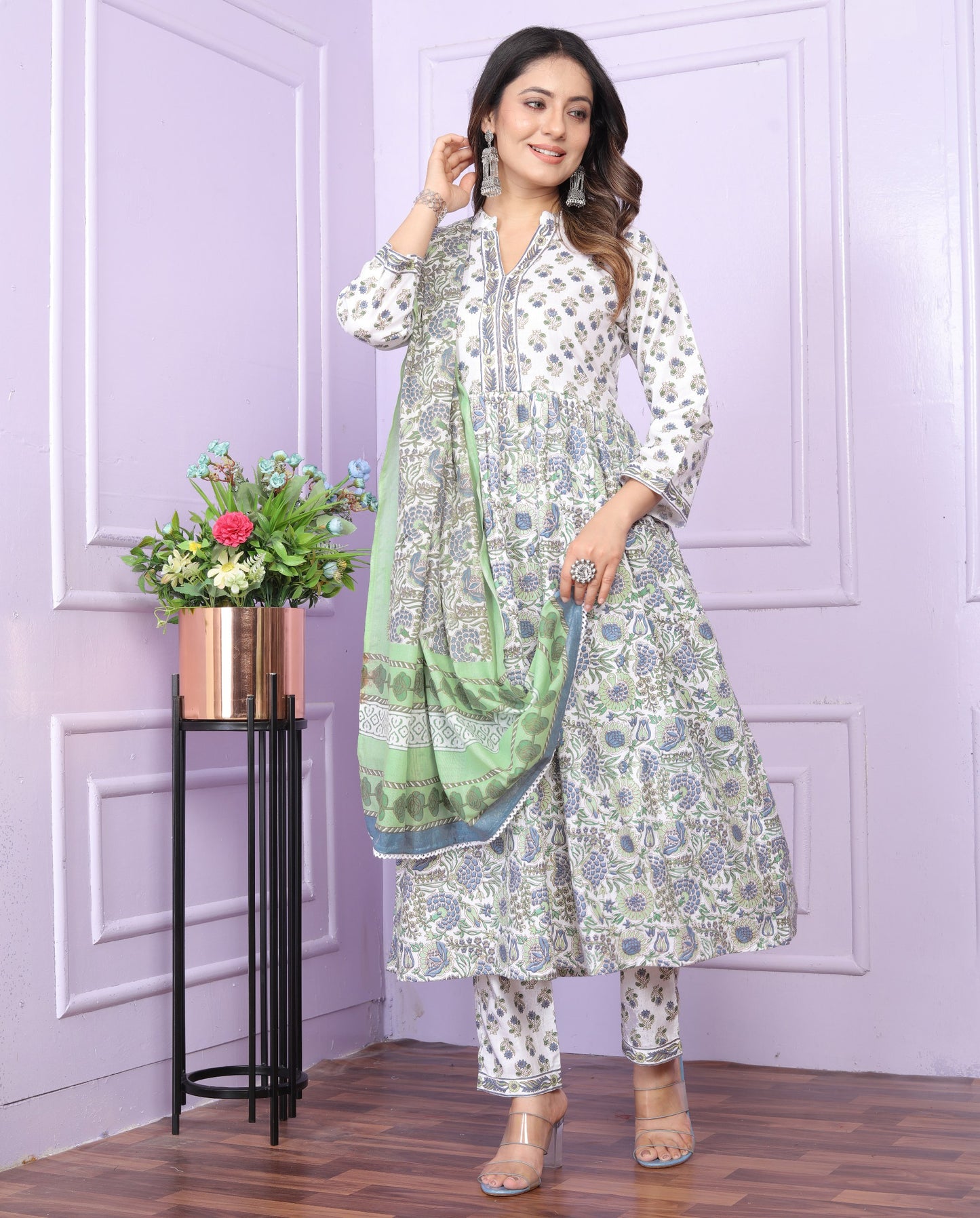 White Printed Slub Cotton Kurta Set with Dupatta and Elastic Pants - Fully Stitched"