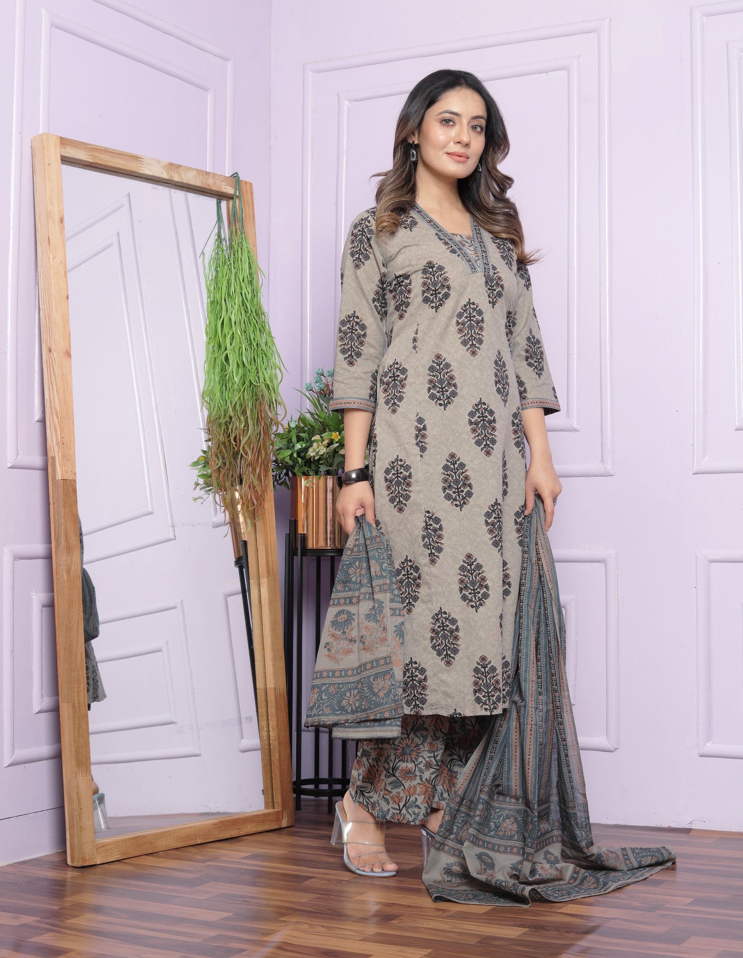 "Grey Print Pure Cotton Kurta Set with A-Line V Neck Kurti, Pant, and Dupatta - Fully Stitched"