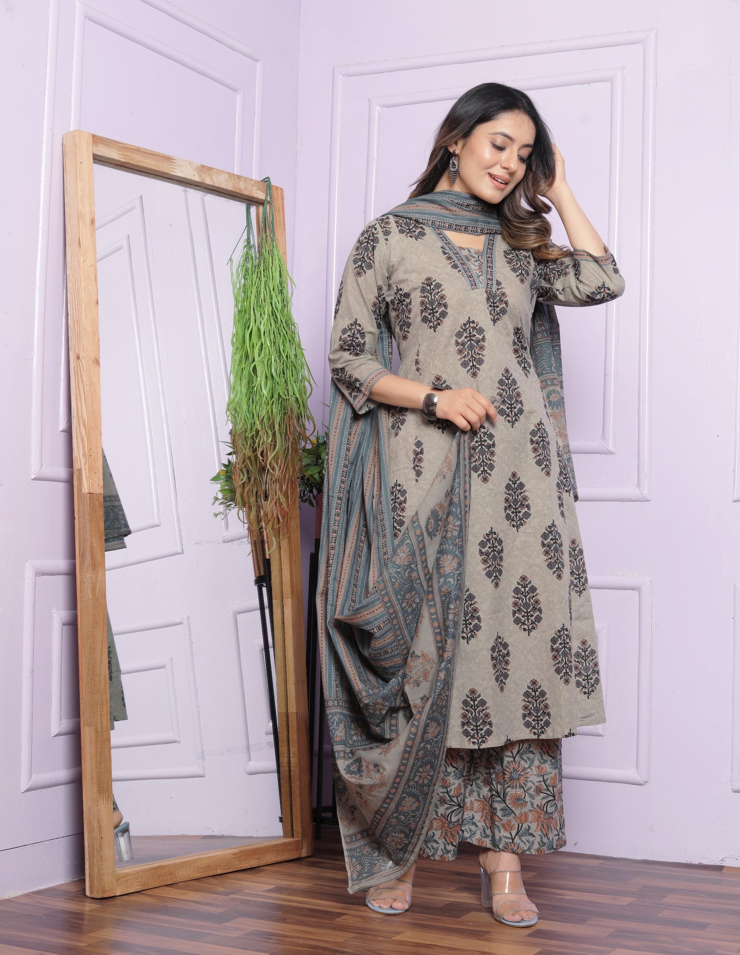 "Grey Print Pure Cotton Kurta Set with A-Line V Neck Kurti, Pant, and Dupatta - Fully Stitched"