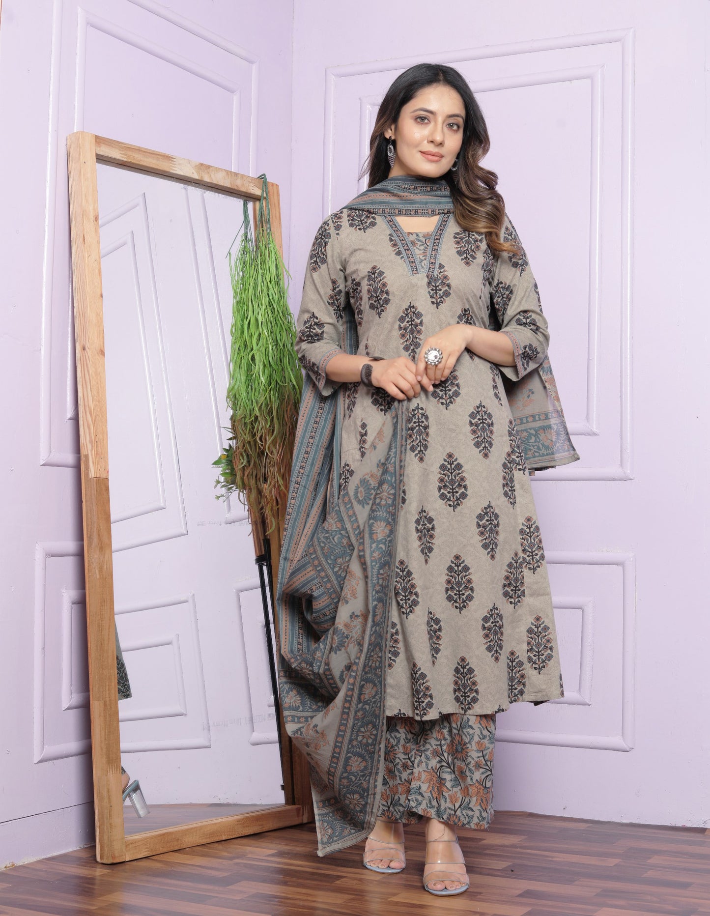 "Grey Print Pure Cotton Kurta Set with A-Line V Neck Kurti, Pant, and Dupatta - Fully Stitched"