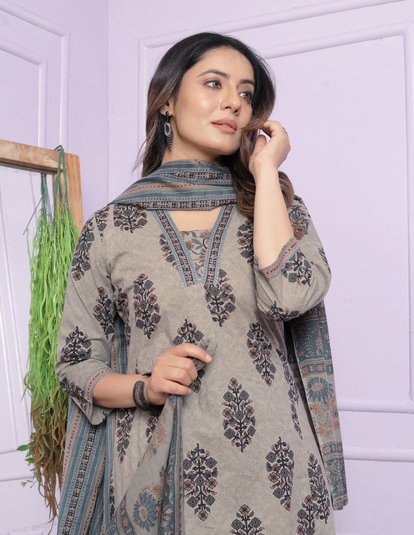 "Grey Print Pure Cotton Kurta Set with A-Line V Neck Kurti, Pant, and Dupatta - Fully Stitched"