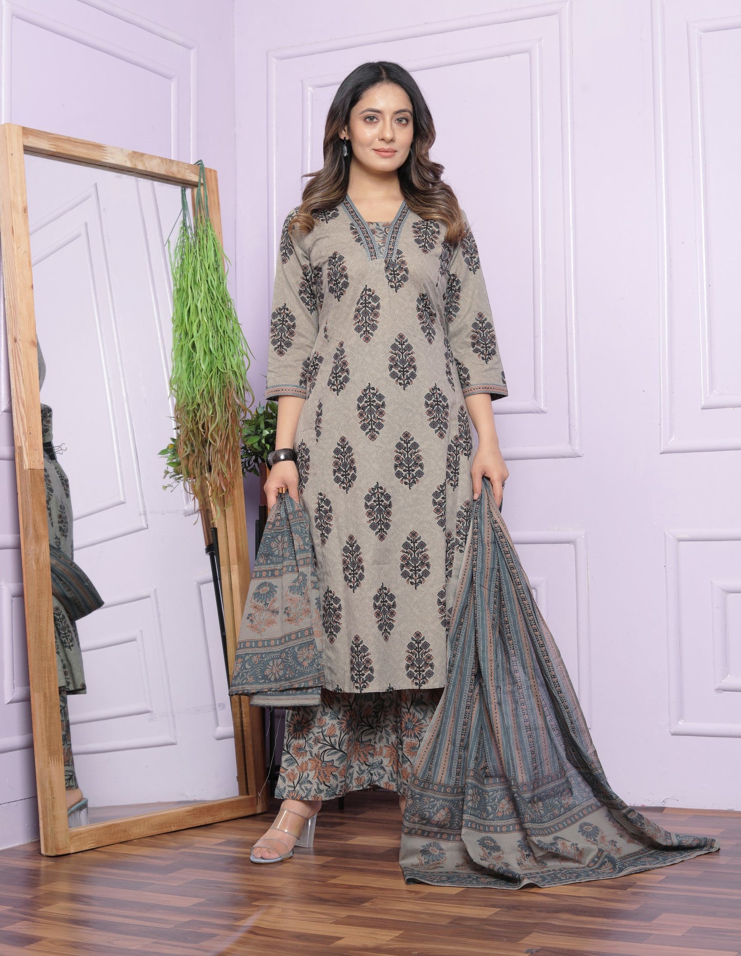 "Grey Print Pure Cotton Kurta Set with A-Line V Neck Kurti, Pant, and Dupatta - Fully Stitched"