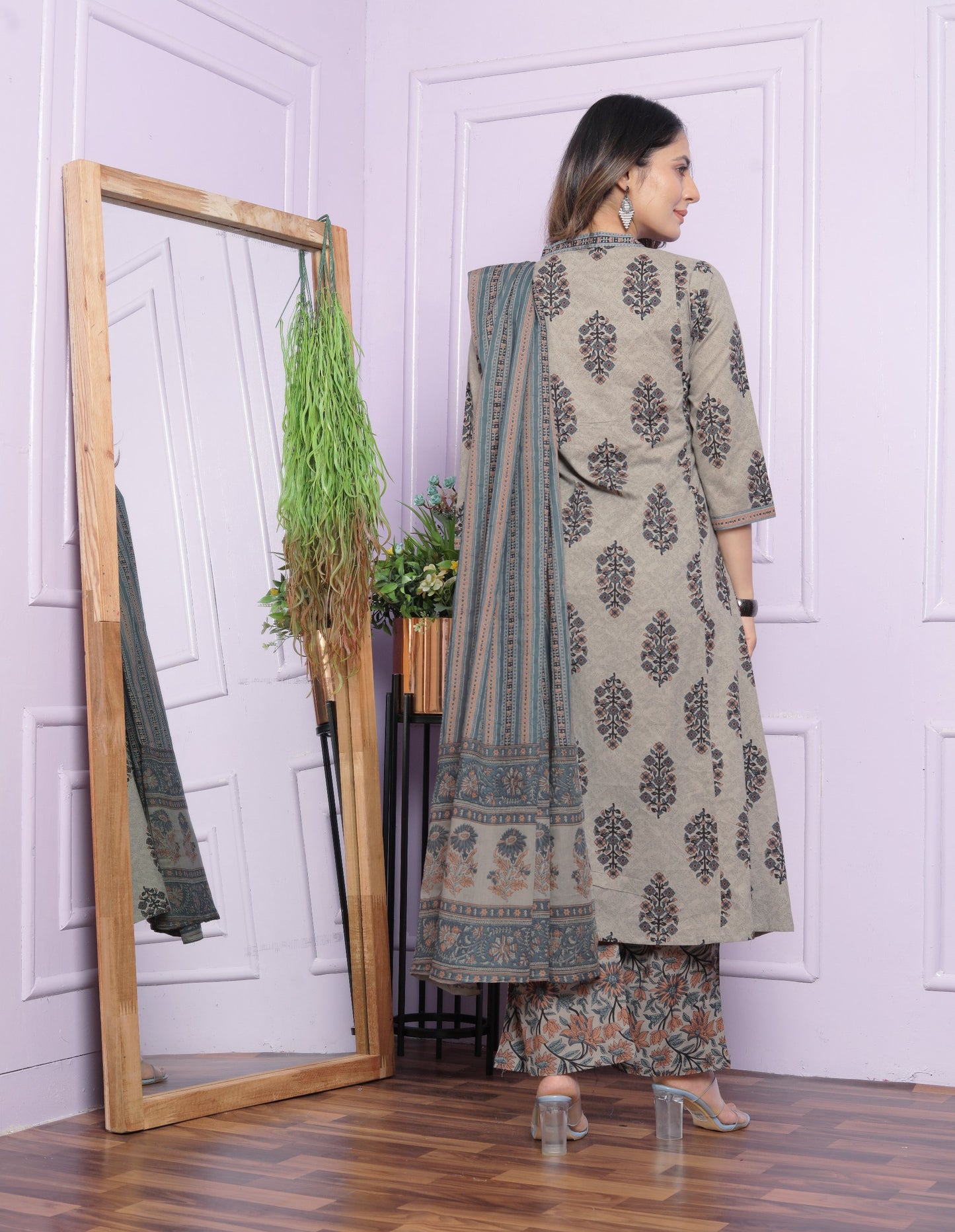 "Grey Print Pure Cotton Kurta Set with A-Line V Neck Kurti, Pant, and Dupatta - Fully Stitched"