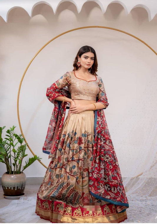 Chinon Kalamkari Lehenga Choli Set