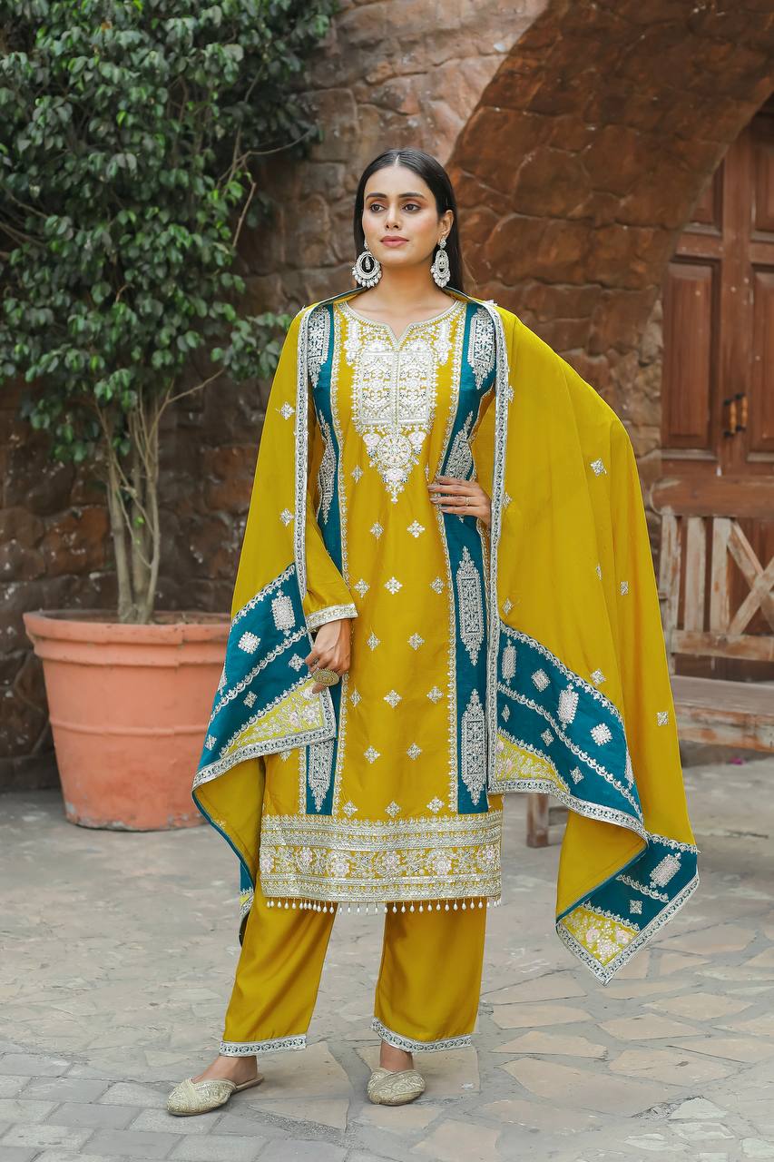 "Elegant Embroidered Chinon Silk Kurta Top Palazzo & Dupatta Set"