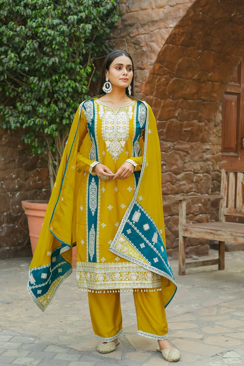 "Elegant Embroidered Chinon Silk Kurta Top Palazzo & Dupatta Set"