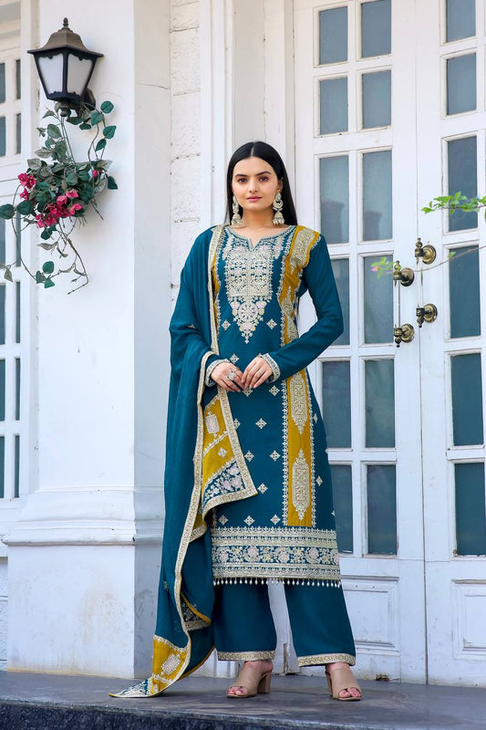 "Elegant Embroidered Chinon Silk Kurta Top Palazzo & Dupatta Set"