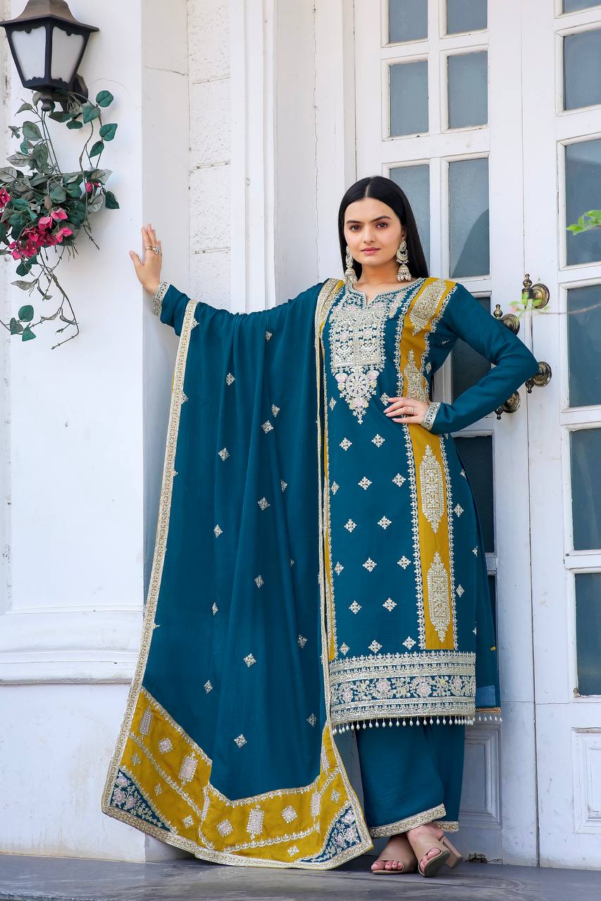 "Elegant Embroidered Chinon Silk Kurta Top Palazzo & Dupatta Set"