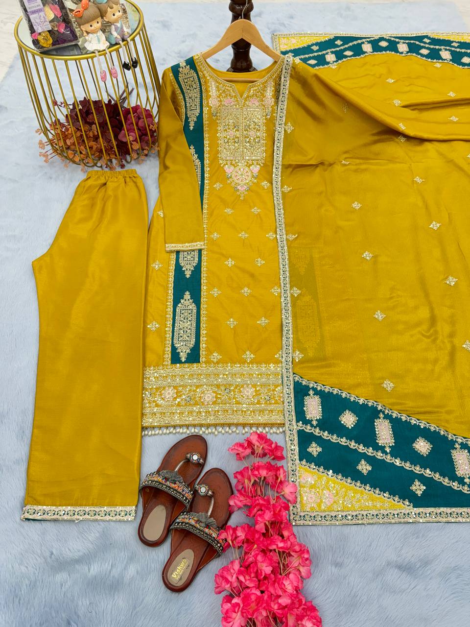 "Elegant Embroidered Chinon Silk Kurta Top Palazzo & Dupatta Set"