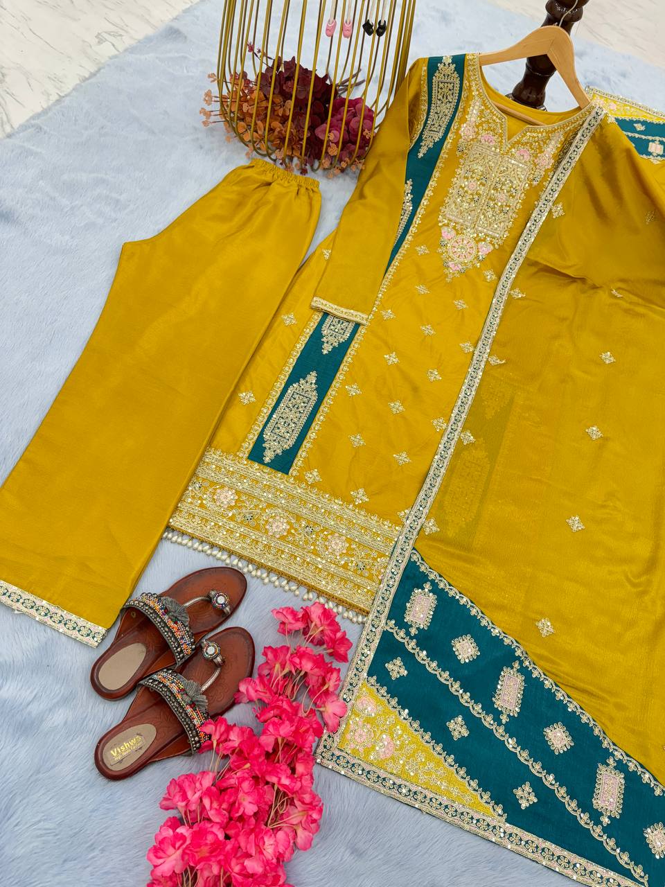 "Elegant Embroidered Chinon Silk Kurta Top Palazzo & Dupatta Set"