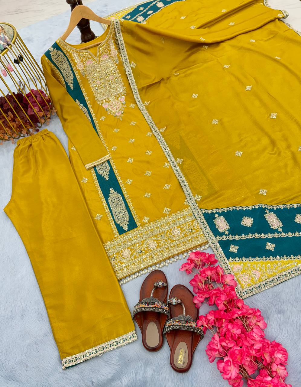 "Elegant Embroidered Chinon Silk Kurta Top Palazzo & Dupatta Set"