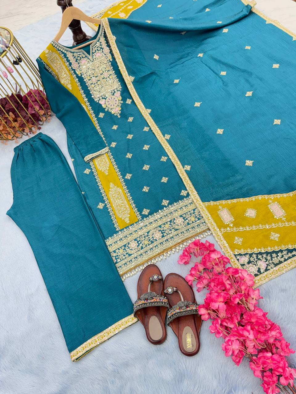 "Elegant Embroidered Chinon Silk Kurta Top Palazzo & Dupatta Set"