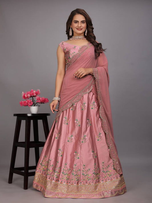 Embroidered Satin Silk Lehenga Choli Set with Heavy Georgette Dupatta