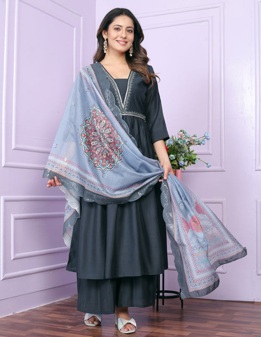 "Blue Viscose Slub Hand Work Kurta Set with Palazzo & Organza Dupatta"