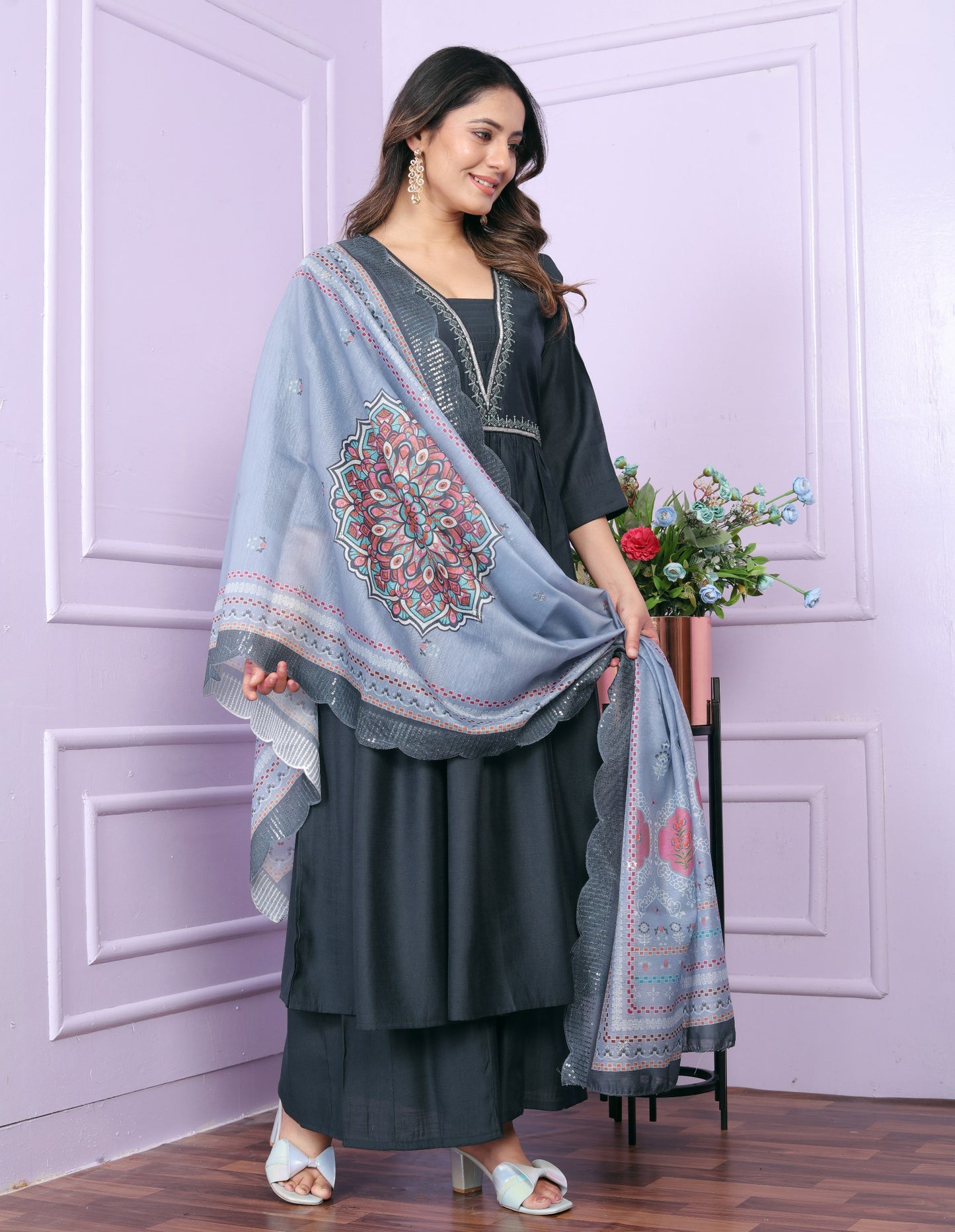 "Blue Viscose Slub Hand Work Kurta Set with Palazzo & Organza Dupatta"