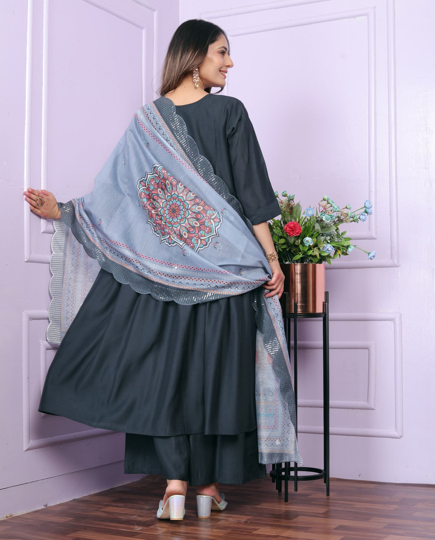 "Blue Viscose Slub Hand Work Kurta Set with Palazzo & Organza Dupatta"