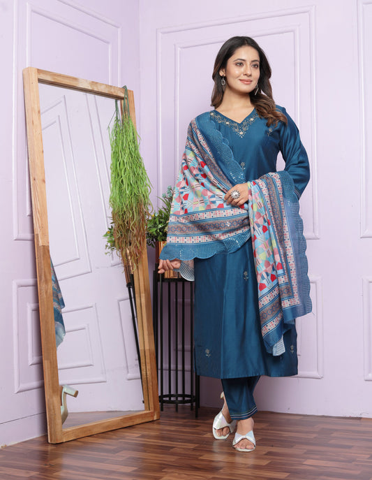 Handcrafted Viscose Denting Kurta Set with Organza Cut Work Dupatta