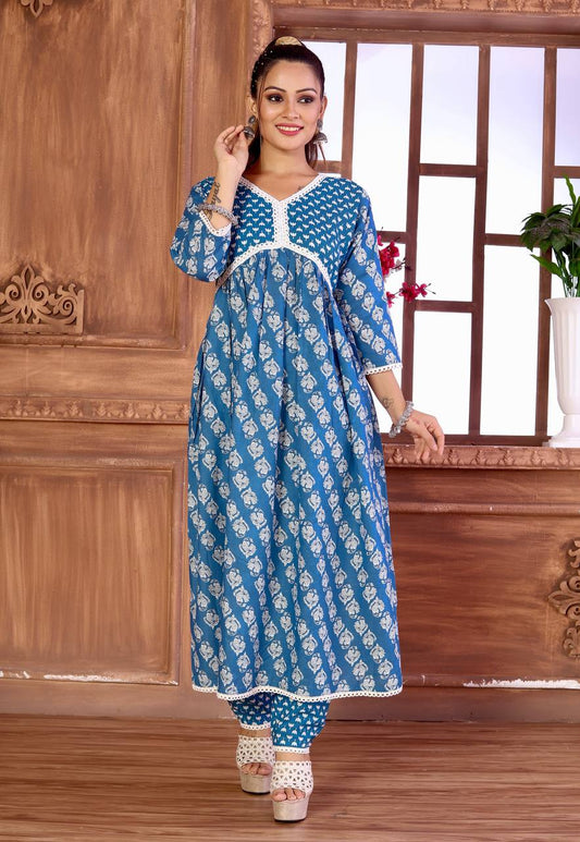 ALIA CUT Blue Mill Printed Cambric Cotton Kurti Plazzo Set