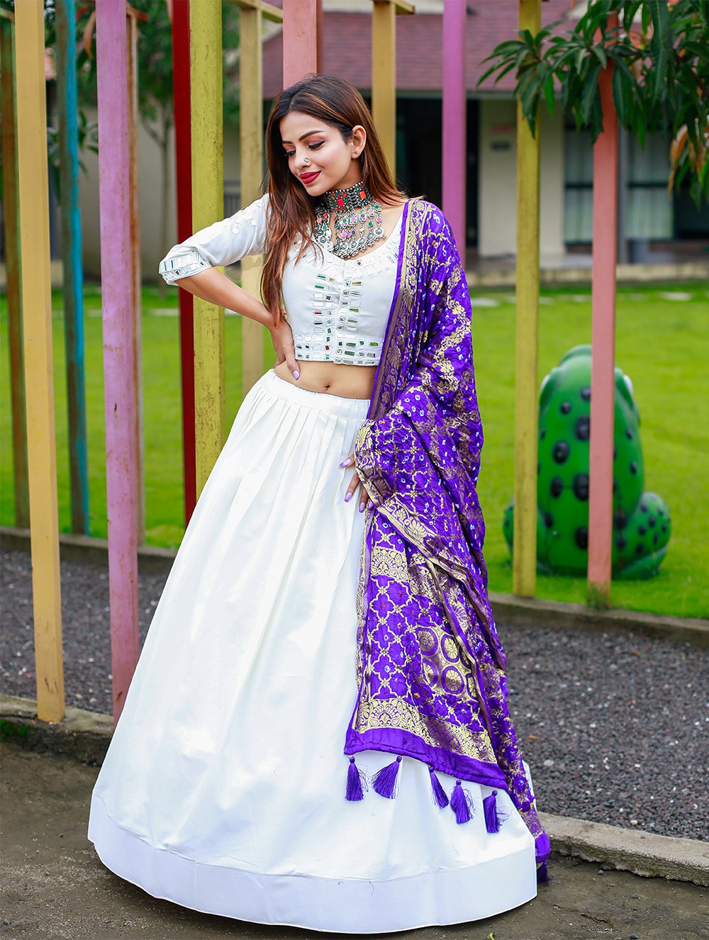 "Hand Mirror Work White Colour Cotton Lehenga Choli Set with Bandhej Silk Dupatta"