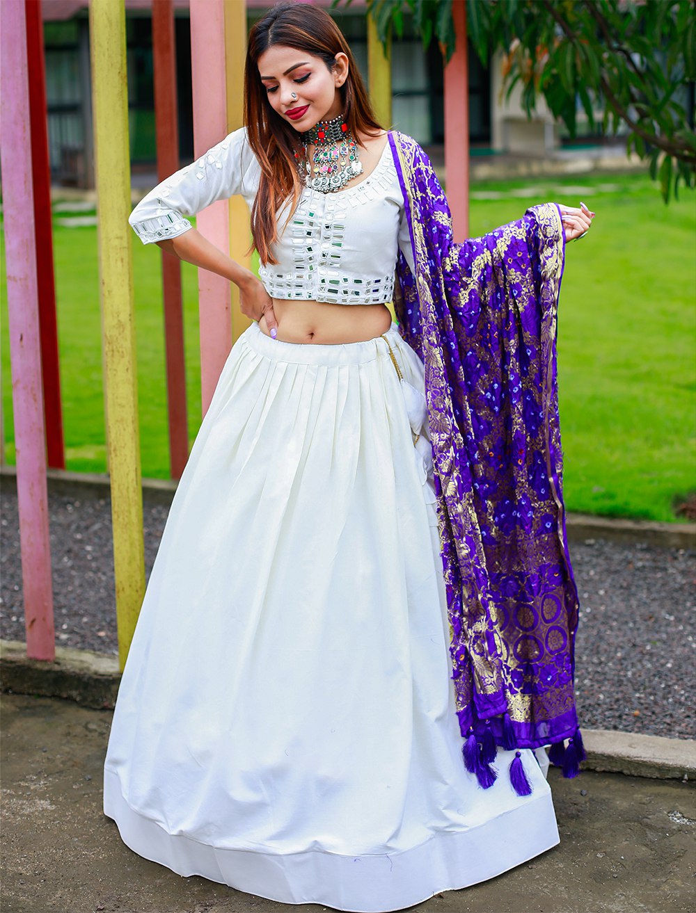 "Hand Mirror Work White Colour Cotton Lehenga Choli Set with Bandhej Silk Dupatta"