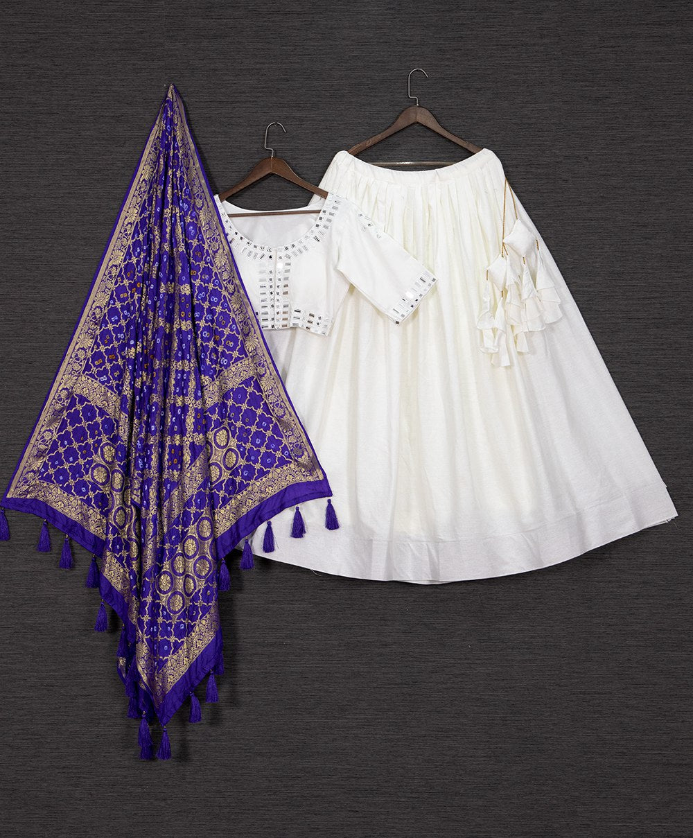 "Hand Mirror Work White Colour Cotton Lehenga Choli Set with Bandhej Silk Dupatta"