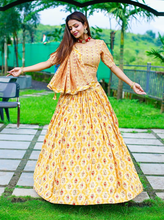 "Chanderi Cotton Foil Printed Navratri Lehenga Choli Set with Handmade Tassels"