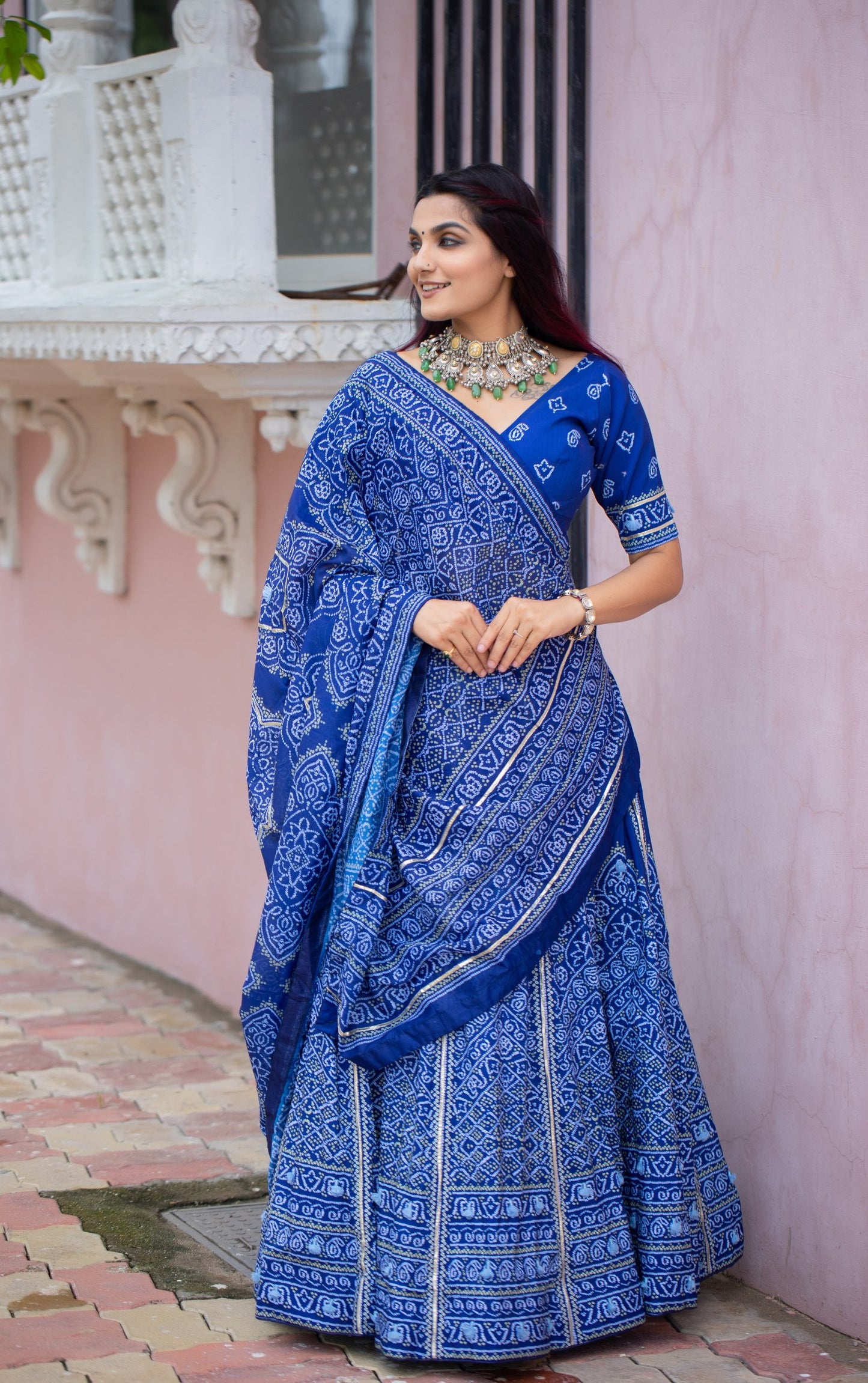 🌟 "Navy Blue Bandhani Silk Lehenga Choli Set with Gota Patti and Tassels" 🌟