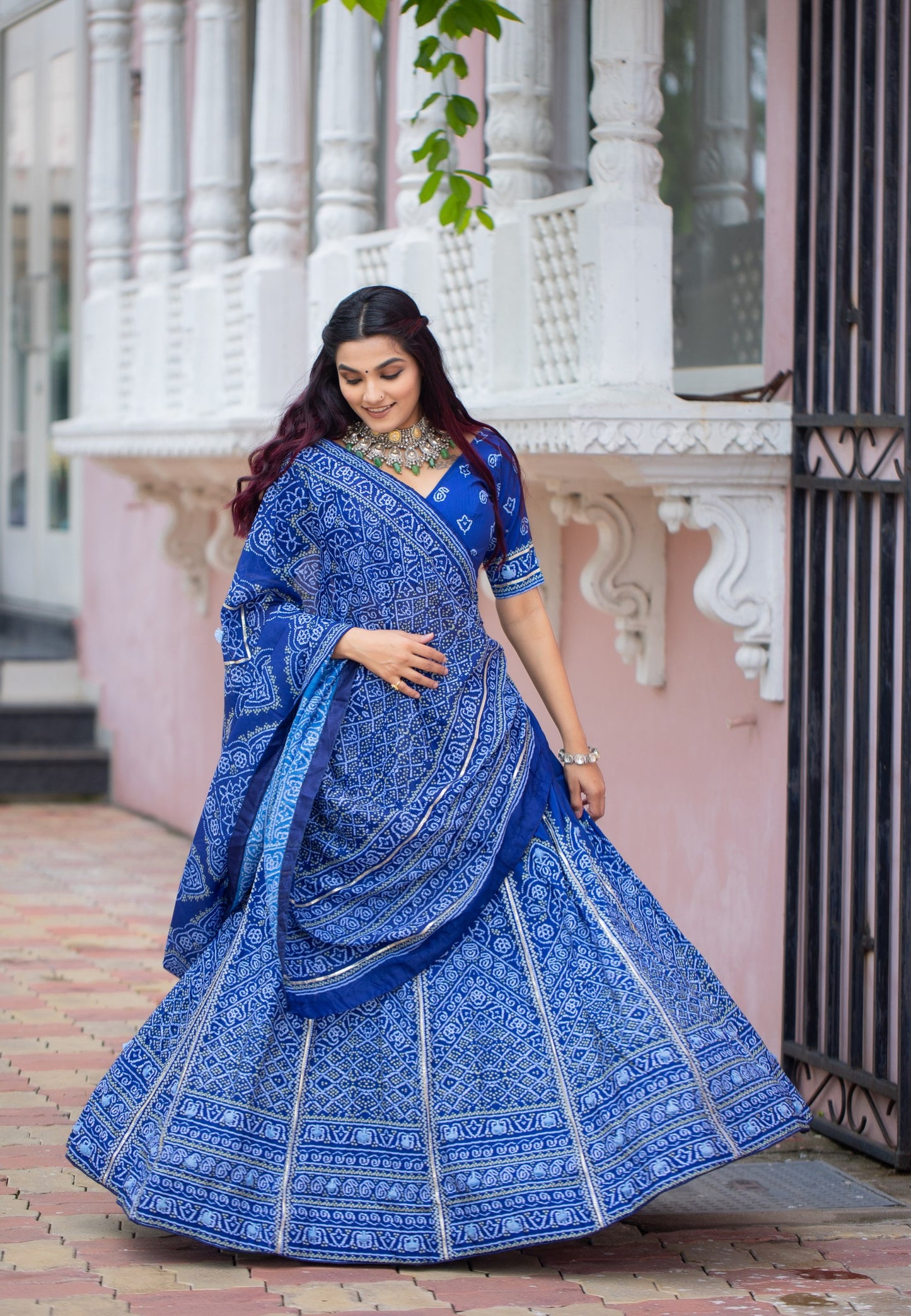 🌟 "Navy Blue Bandhani Silk Lehenga Choli Set with Gota Patti and Tassels" 🌟