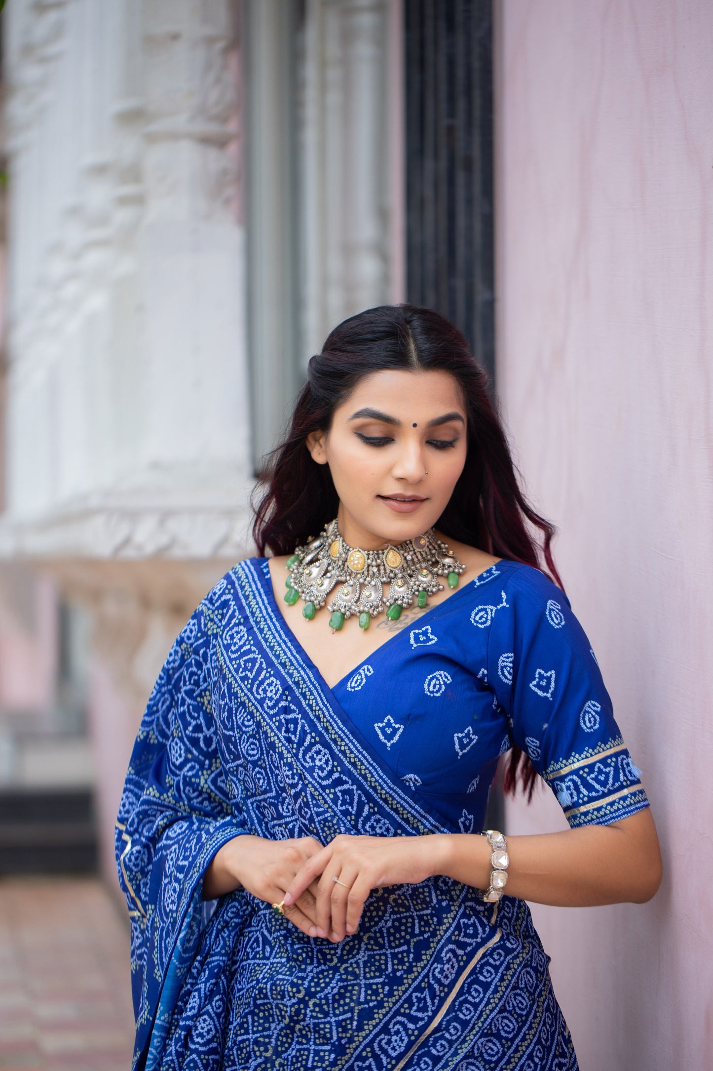 🌟 "Navy Blue Bandhani Silk Lehenga Choli Set with Gota Patti and Tassels" 🌟