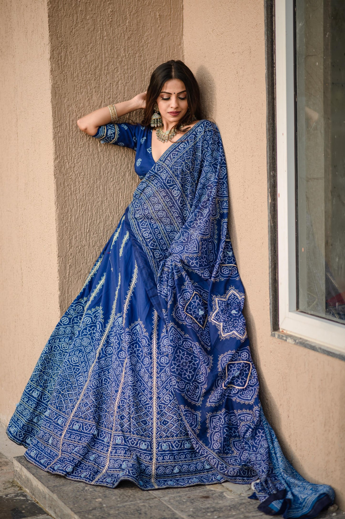 🌟 "Navy Blue Bandhani Silk Lehenga Choli Set with Gota Patti and Tassels" 🌟