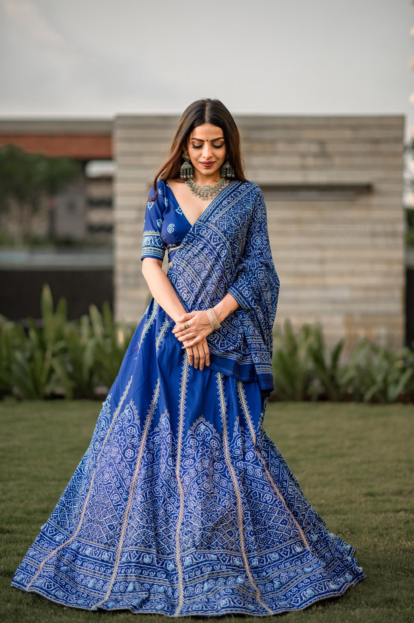 🌟 "Navy Blue Bandhani Silk Lehenga Choli Set with Gota Patti and Tassels" 🌟