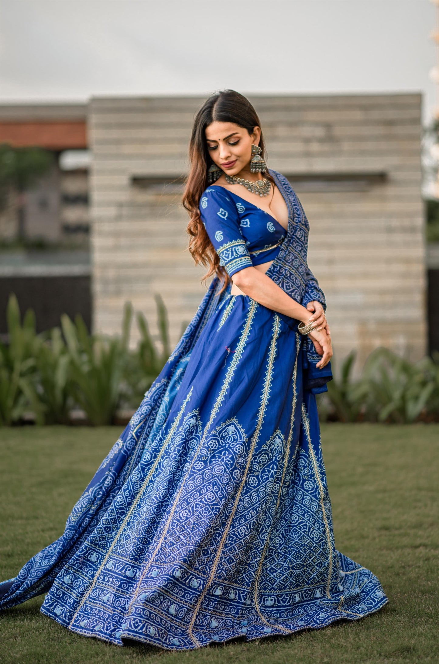 🌟 "Navy Blue Bandhani Silk Lehenga Choli Set with Gota Patti and Tassels" 🌟