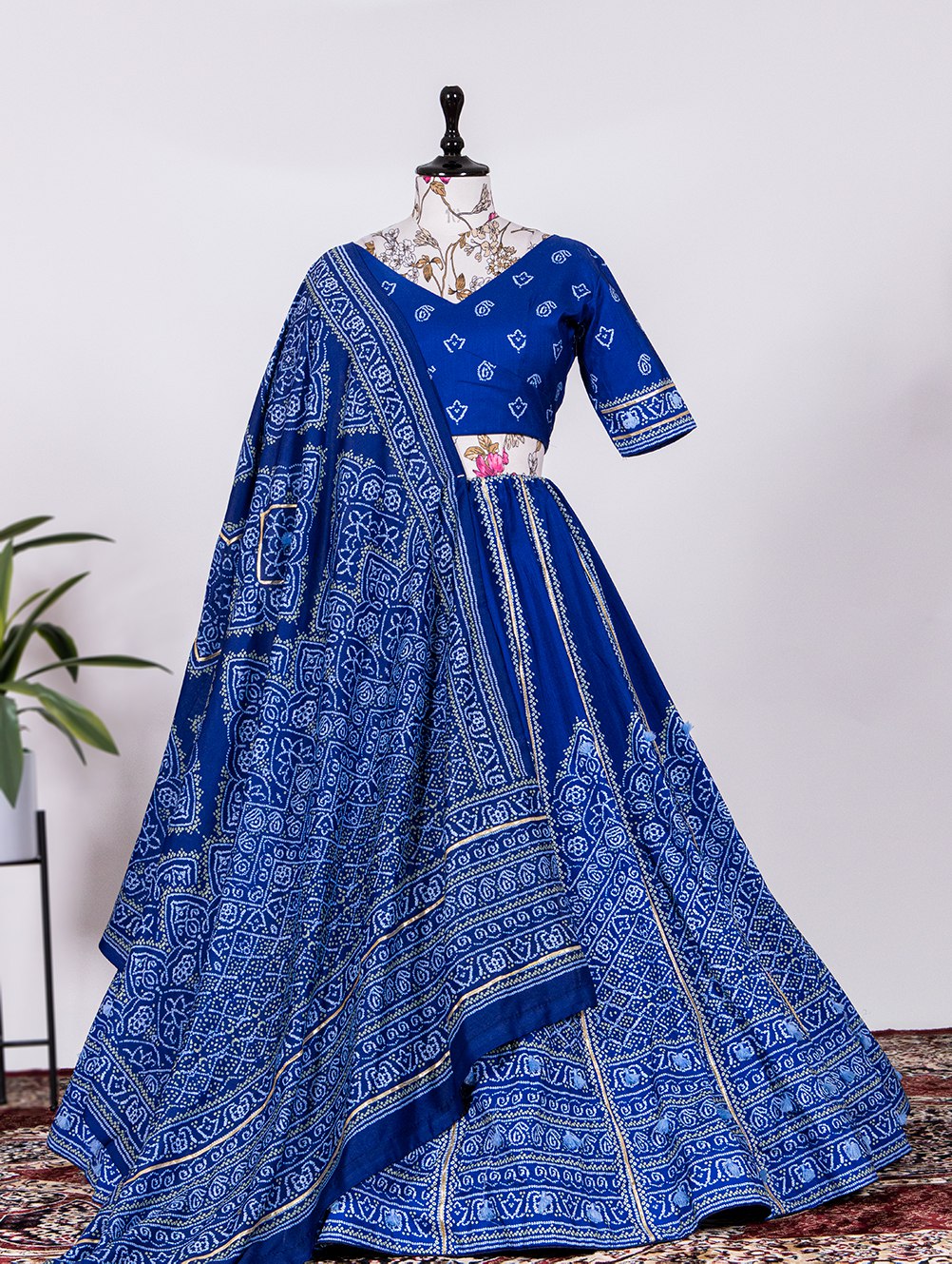 🌟 "Navy Blue Bandhani Silk Lehenga Choli Set with Gota Patti and Tassels" 🌟