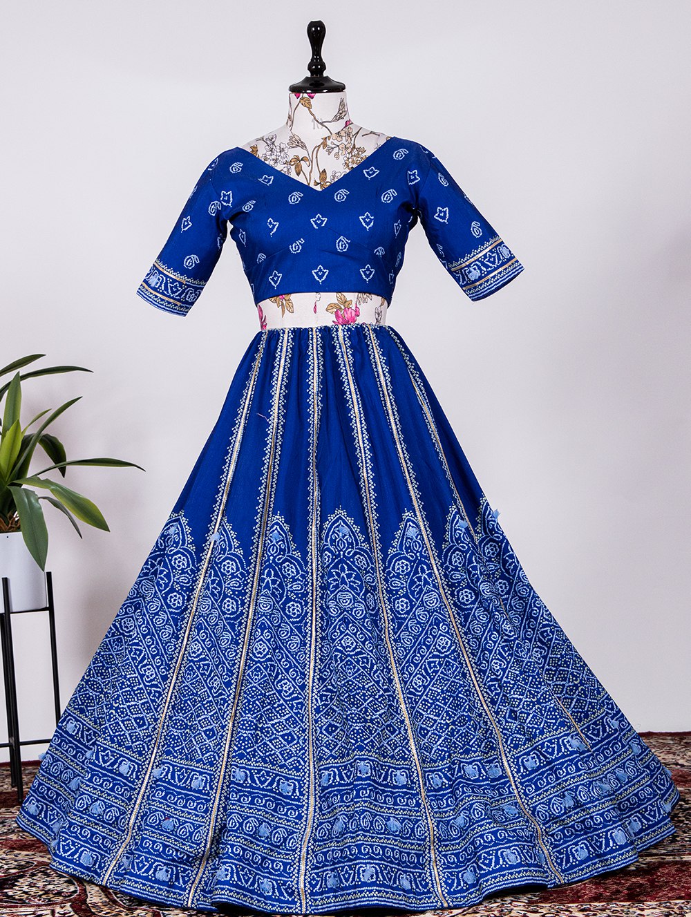 🌟 "Navy Blue Bandhani Silk Lehenga Choli Set with Gota Patti and Tassels" 🌟